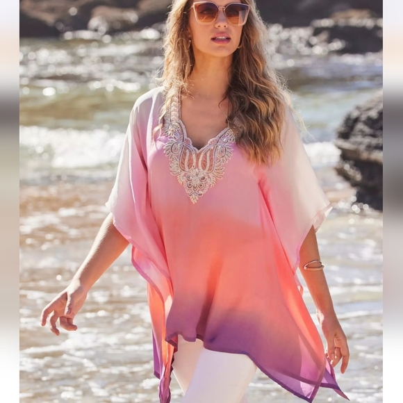 BOSTON PROPER Beaded Ombre Tunic In Pink Multi. Size Small - Picture 3 of 16